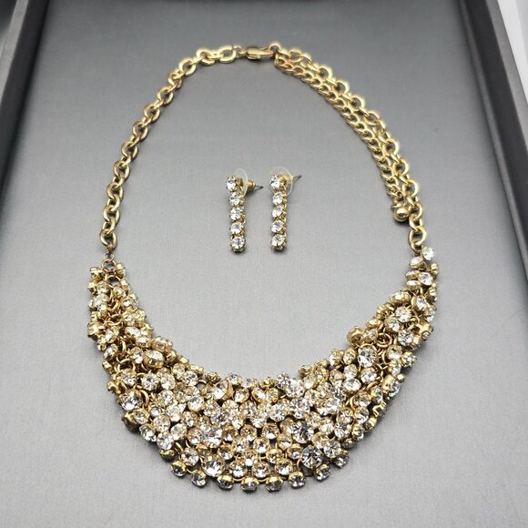 Gold-Tone Statement Necklace & Drop Earrings Set w/ Prong Set Clear Rhinestones - Picture 2 of 13